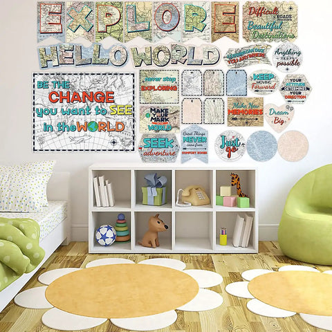 Map Bulletin Board Set With Travel Theme For Classrooms Adventure Decor Back To School Wall Party 29 Pcs displayed on wall