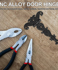 Vintage Style Black Zinc Alloy Tee Door Hinges 2 Pack Slip Joint Lift Off on wood surface with tools