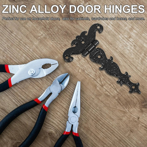 Vintage Style Black Zinc Alloy Tee Door Hinges 2 Pack Slip Joint Lift Off on wood surface with tools