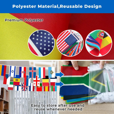 82 Foot Pre Strung 100 Country Flags World Bunting For Classroom Decor close-up of colorful polyester flags.
