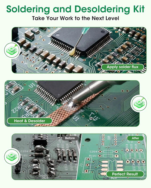 Image showing steps of using No Clean Solder Flux Paste and 0.1 Inch Braided Copper Desoldering Wick Kit for PCB work.
