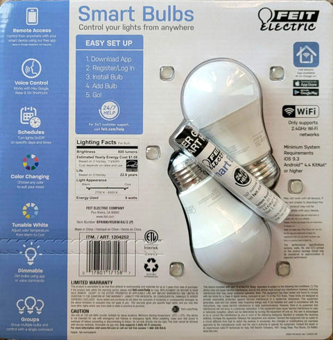 Smart WiFi LED Color Changing Dimmable Light Bulbs 60W Equivalent, 800 Lumens, package and 2 bulbs on display