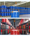 Two-panel view of FAHKNS drum lifter with orange hooks, lifting 55-gallon drums (blue and red) in a warehouse.