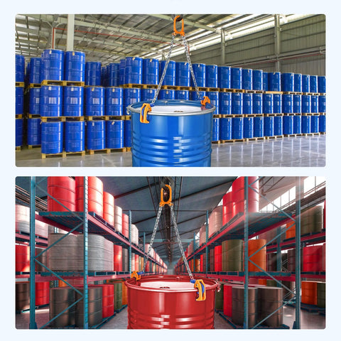 Two-panel view of FAHKNS drum lifter with orange hooks, lifting 55-gallon drums (blue and red) in a warehouse.