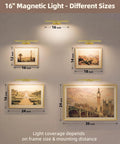 Rechargeable Picture Light With Remote shown over artworks of various sizes, magnetic mount, gold finish, ideal for living spaces.