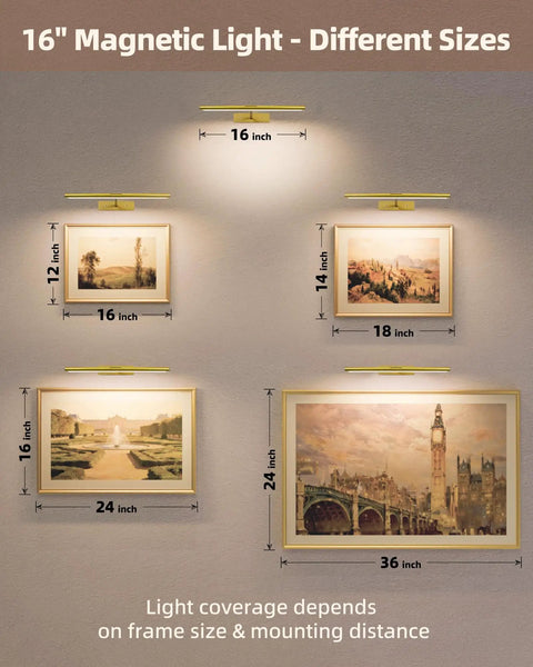 Rechargeable Picture Light With Remote shown over artworks of various sizes, magnetic mount, gold finish, ideal for living spaces.