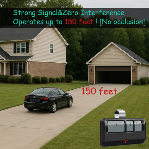Car approaching garage using Two Pack Replacement Garage Door Opener Remote For 893MAX Models with visible range indicator.