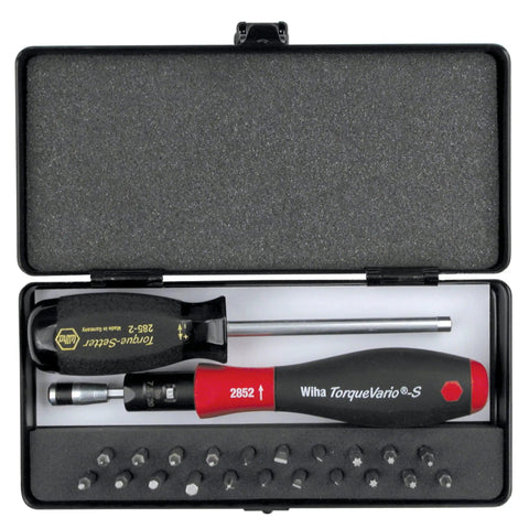 TorqueVario S Micro Bit Set 24 Piece Pro Grade With Adjustable Torque Handle And 21 Micro Bits in compact storage case.