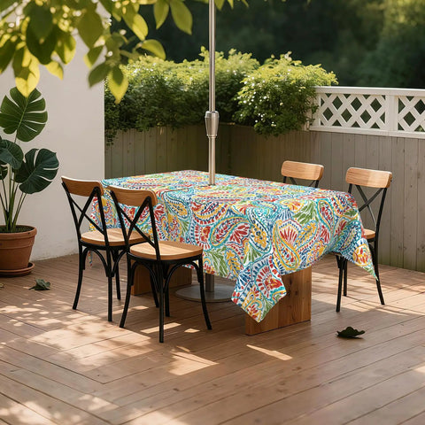 Outdoor Rectangle Tablecloth With Umbrella Hole And Zipper Water Repellent And Fade Resistant 60 By 84 Inch Paisley Multi on patio table