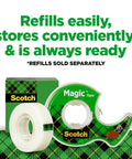 Three Roll Dispenser Pack Invisible Clear Tape beside green Magic Tape dispenser and box