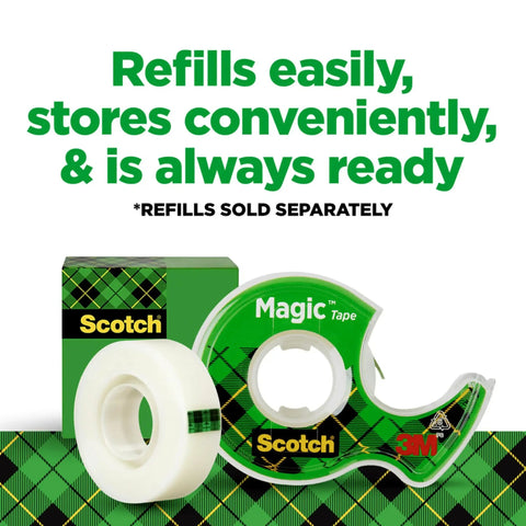 Three Roll Dispenser Pack Invisible Clear Tape beside green Magic Tape dispenser and box
