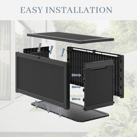 Exploded view assembly of 320 Gallon Outdoor Storage Box Resin Deck Box Waterproof For Patio Furniture Garden Tools And Pool Supplies Lockable And UV Resistant Rattan Black Heavy Duty Finish