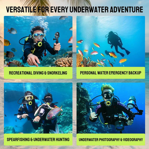 Divers use a DOT Certified 1.9L Scuba Tank Pony Bottle for Snorkeling, Boat Cleaning in various underwater activities, showcasing versatility.