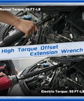 Half Inch Impact Offset Extension Wrench For Tight Spaces showing use on car engine with electric and manual torque options