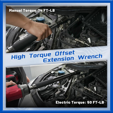 Half Inch Impact Offset Extension Wrench For Tight Spaces showing use on car engine with electric and manual torque options