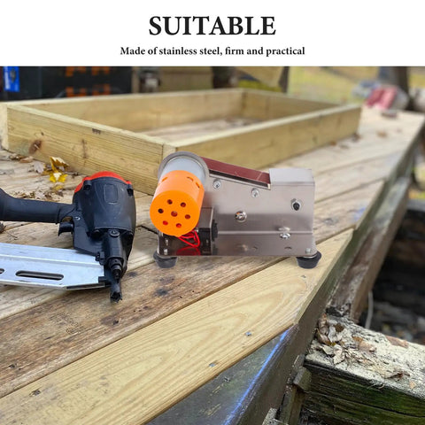 Merryhappy Portable Electric Belt Sander With High Torque Motor For Versatile Grinding And Polishing Mini Sanding Tool on wooden workbench.