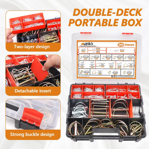Heavy Duty Hitch Pin Clip Assortment Kit For Farm Tractors, Trailers, Trucks And Lawn Gear in double-deck box