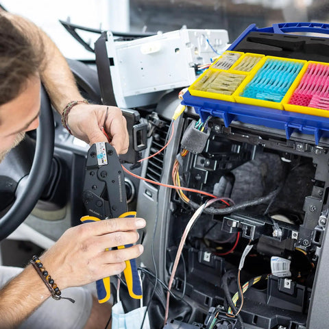 340 Piece Heat Shrink Wire Connector Set with 9 Inch Crimping Tool in use for automotive wiring