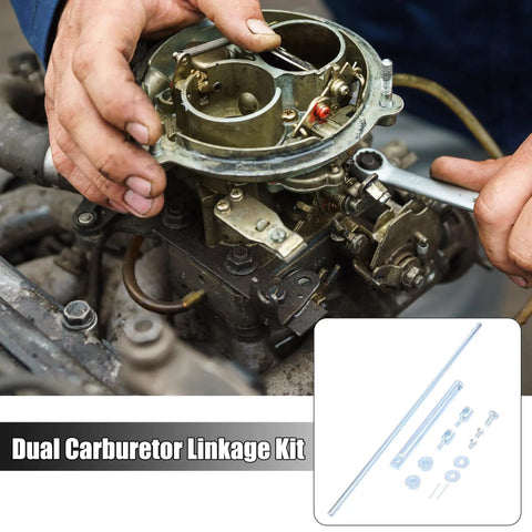 Dual Carburetor Linkage Set With Hardware For Barry Grant Carbs, Adjustable Length Connects Inline Dual Carbs, Includes Installation Hardware, Fits Performance V8 Hot Rods And Classic Vehicles, Easy Setup For Precise Throttle Control. Silver linkage kit with hardware