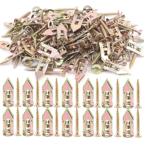 50 Piece Self Drilling Drywall Screws Anchor Kit With Yellow Zinc Plated Carbon Steel Wall Plugs Dowel Set For Quick No Prep Install And Solid Home DIY Shelving Pictures And Decor, anchors and screws laid out