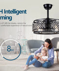 Crystal Caged Bladeless Ceiling Fan With Lights Dope Black Enclosed Chandelier Ceiling Fan With Remote Control Safe Eight Hidden ABS Blades In Cage