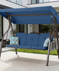 Blue 3 Seat Outdoor Porch Swing With Stand For Adults 800 Lb Weight Capacity Convertible Swing Bed With Canopy in backyard