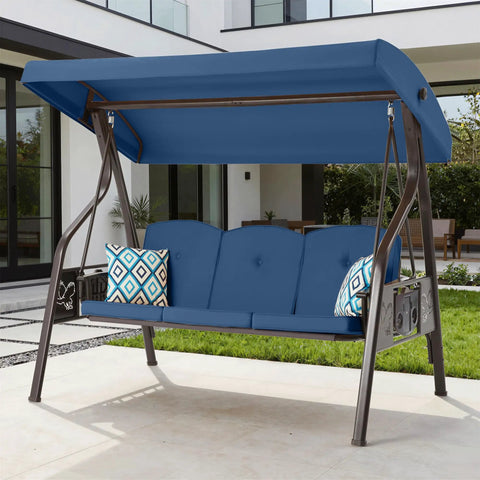 Blue 3 Seat Outdoor Porch Swing With Stand For Adults 800 Lb Weight Capacity Convertible Swing Bed With Canopy in backyard
