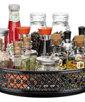 13 Inch Lazy Susan Turntable Heavy Duty Metal Spice Rack Organizer Built Tough As A Rock With A Smooth 360 Swivel Base Rust Resistant Finish For Kitchen Storage with various spice jars.