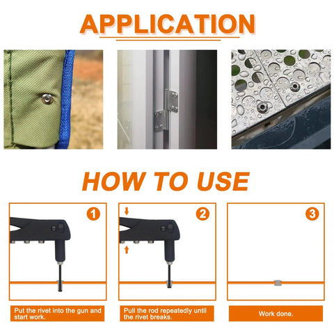 Aluminum Blind Rivets Kit With 385 Pieces In 8 Sizes For Quick Durable Repairs And Heavy Duty Projects Ideal For Home, Auto, Marine, And Workshop Use Silver Finish Pop Rivets Set ISPINNER showing application and usage instructions