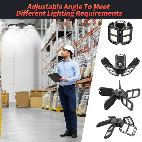 Warehouse with Super Bright 300w Deformable Led Garage Lights with five adjustable panels shown in different angles