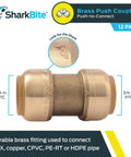 Three Quarter Inch Straight Push To Connect Brass Plumbing Coupling Pack Of 12 No Tools Needed Quick Connect Fittings For PEX Copper CPVC PERT HDPE Pipes In Tight Spaces Easy Snap In U016LF, showing a brass push-fit coupling with logo