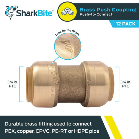 Three Quarter Inch Straight Push To Connect Brass Plumbing Coupling Pack Of 12 No Tools Needed Quick Connect Fittings For PEX Copper CPVC PERT HDPE Pipes In Tight Spaces Easy Snap In U016LF, showing a brass push-fit coupling with logo