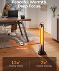 Cozy Up Your Patio With This 1500W Infrared Outdoor Heater With Remote 60 Degree Oscillation 9 Heat Levels 9 Hour Timer Tip Over And Overheat Protection Safety Lock Great For Garage Porch Outdoor Office Use Black heater glowing in office setting.