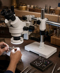 Trinocular Stereo Zoom Microscope 3.5X to 90X With Led Lighting 45 Degree Rotating Head and 360 Degree Trinocular Port for Digital Cameras or Touch Screens Interpupillary Range 54 to 76mm Eyepiece With Six Diopter Adjustment used for jewelry inspection