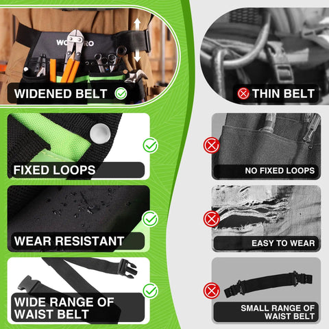 Comparison of features between Five-Pocket Garden Tool Belt and competitors, highlighting wider belt, fixed loops, and durability.