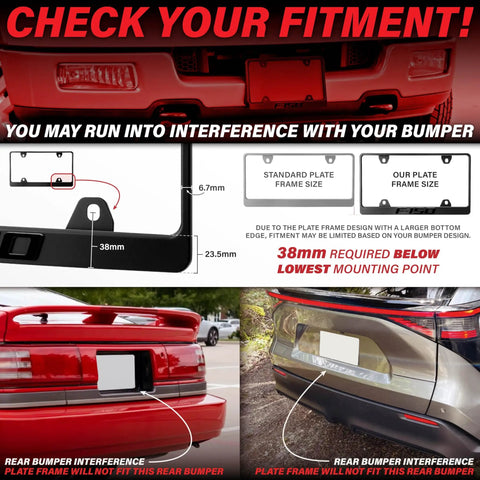 Stealth Matte Black License Plate Frame With 3D Raised Letters showing fitment issues with rear bumpers on red and gray cars