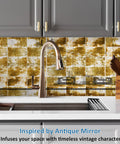 Antique Mirror Effect Peel And Stick Wall Panels Set Of 35 In Gatsby Gold Brown Acrylic above kitchen sink with modern faucet.