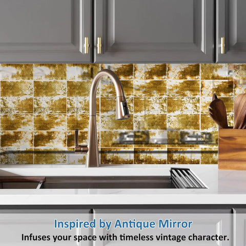 Antique Mirror Effect Peel And Stick Wall Panels Set Of 35 In Gatsby Gold Brown Acrylic above kitchen sink with modern faucet.