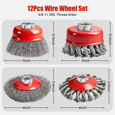 12 Pack Wire Wheel Set For Angle Grinder With 5/8-11 UNC Thread, includes 3-inch knotted and crimped discs, 4-inch wire discs