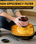 Person installing high-efficiency filter in Heavy Duty 5 Gallon Wet And Dry Shop Vac With Beast Series Motor.