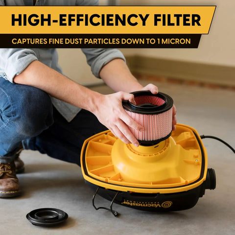 Person installing high-efficiency filter in Heavy Duty 5 Gallon Wet And Dry Shop Vac With Beast Series Motor.