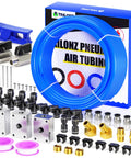 Blue One Half Inch PU Air Tubing Kit, 100 Ft Length, accessories shown, ultra flexible pneumatic tubing for air and fluid transfer