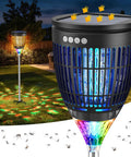Outdoor Solar Bug Zapper 4200V Mosquito Killer with RGB Projector and Flame Lights in garden setting at night