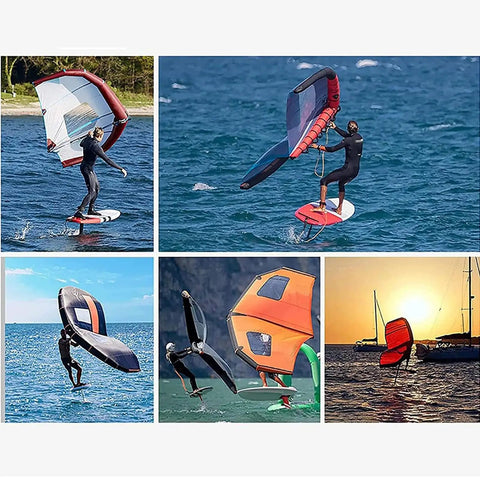Compact Handheld Kitesurf Wing For Foil Boards And Windsurfing in various colors on water