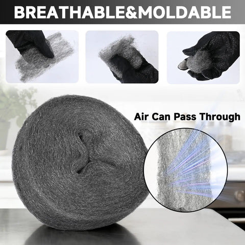 Extra Fine Steel Wool Mice Control 65Ft 0000 Barrier Filler roll showing breathability and moldability on a table surface