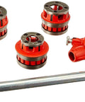 Ridg 12r Exposed Ratchet Pipe Threader Kit With Two-Piece Dies For Half Inch To One And A Quarter Inch Npt Pipes Including Sturdy Carry Case, featuring red dies and a metal handle.