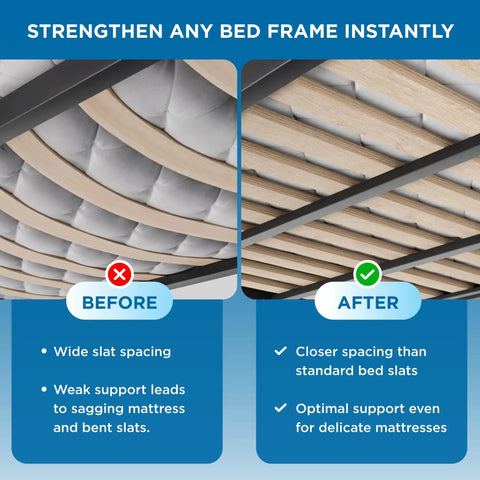 Heavy Duty King Bunkie Board Under Mattress Support Platform Bed Foundation With Precision Cut Inner Rail Drop In Design comparison of bed slats before and after installation.