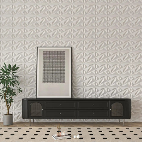 33 Pack 3D Diamond Wall Panels For Interior Decor, PVC Flower Texture Wall Panels For Living Room, Bedroom, Lobby, Hotel And Office, White 12x12 Inches Covers 32 Sq Ft, Easy DIY Accent Wall displayed above a black sideboard with decorative items.