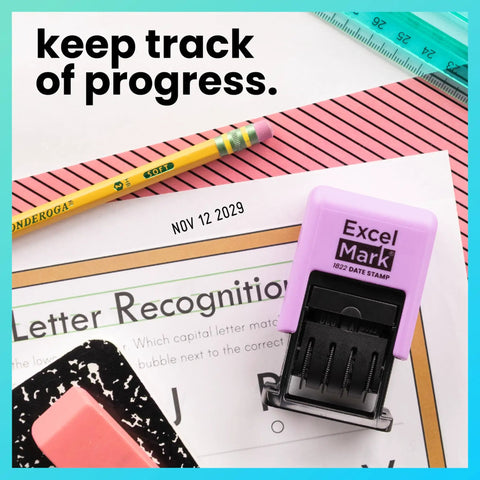 No Sweat Self Inking Date Stamp For Fast Shipping Receiving And Inventory Tracking Clean Black Ink With Easy Twist Dials For Expiration Checks And Reliable Violet Mount on paper and pencil.