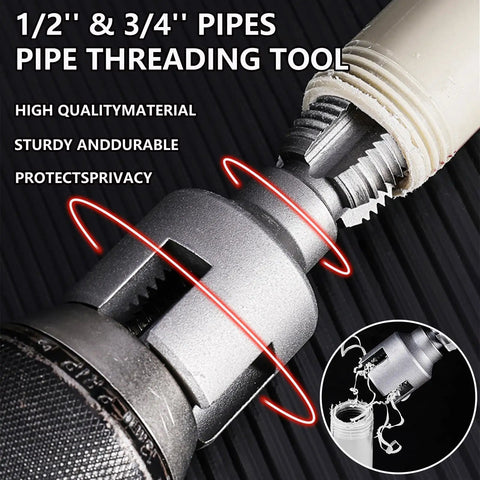 Close-up of 1/2" and 3/4" pipe threading tool from Do It All Pipe Threading Kit With Internal And External Dies For One Half Inch And Three Quarter Inch PVC Pipes, Drill Compatible 2 In 1 PVC Threader Tool, Dual Function Pipe Cutting And Repair Tool For Home Projects.